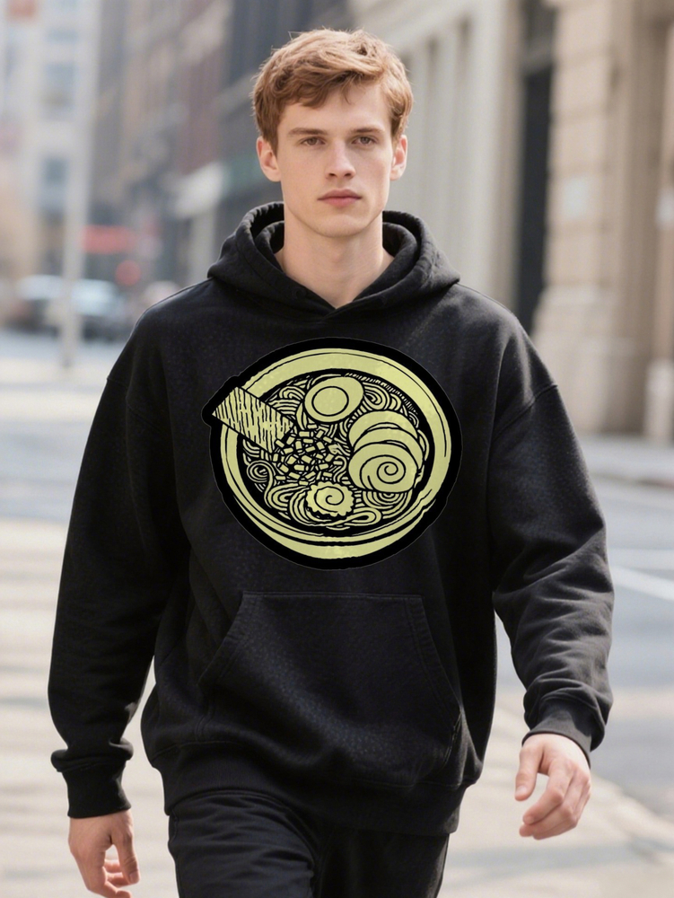 Humorous Men's Vintage Graphic Black Hoodie with Unique Anime Horror Inspired Print