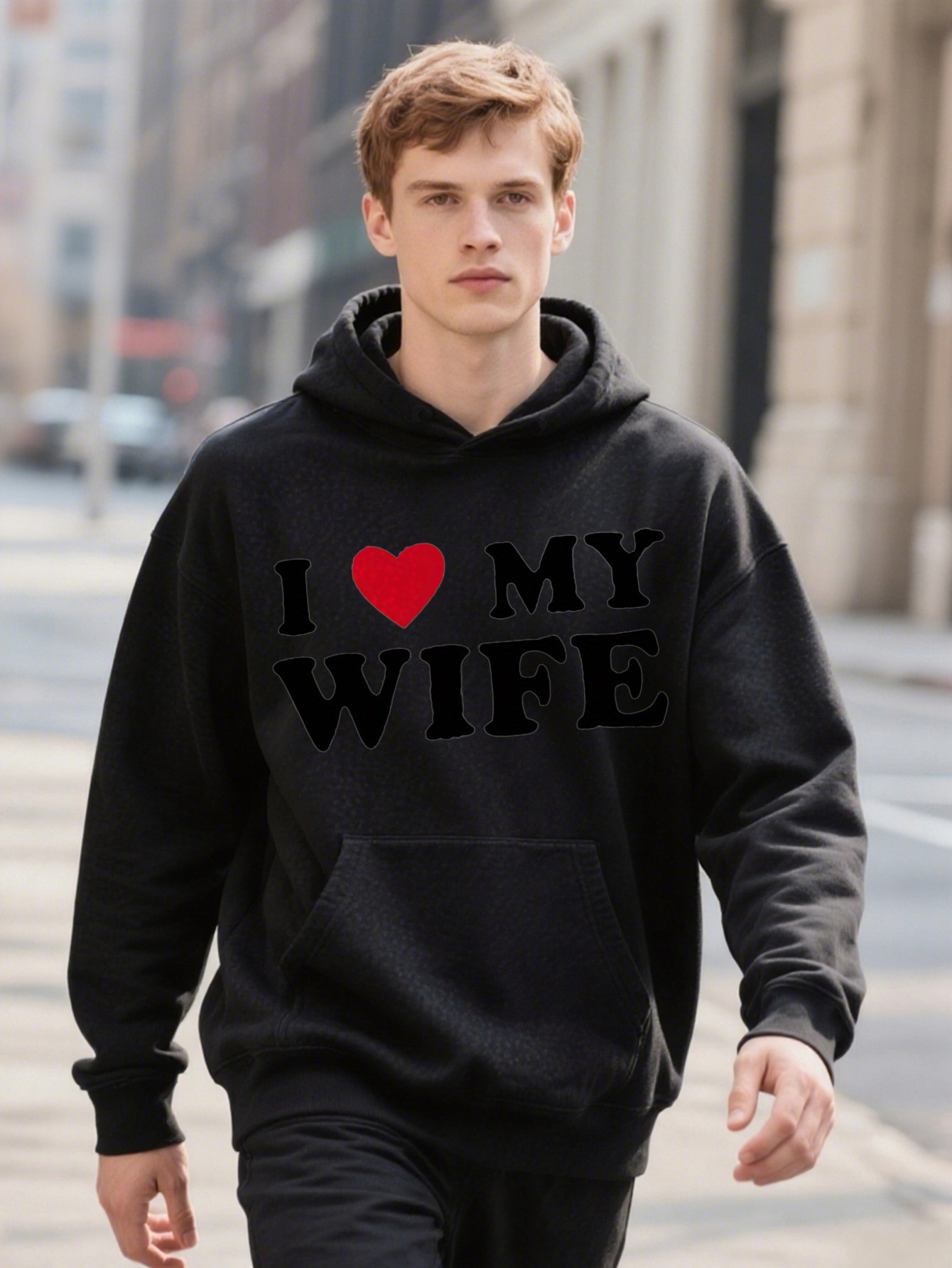 Washable Men's Plus Size Casual With I My Wife Letter Print Hoodie And