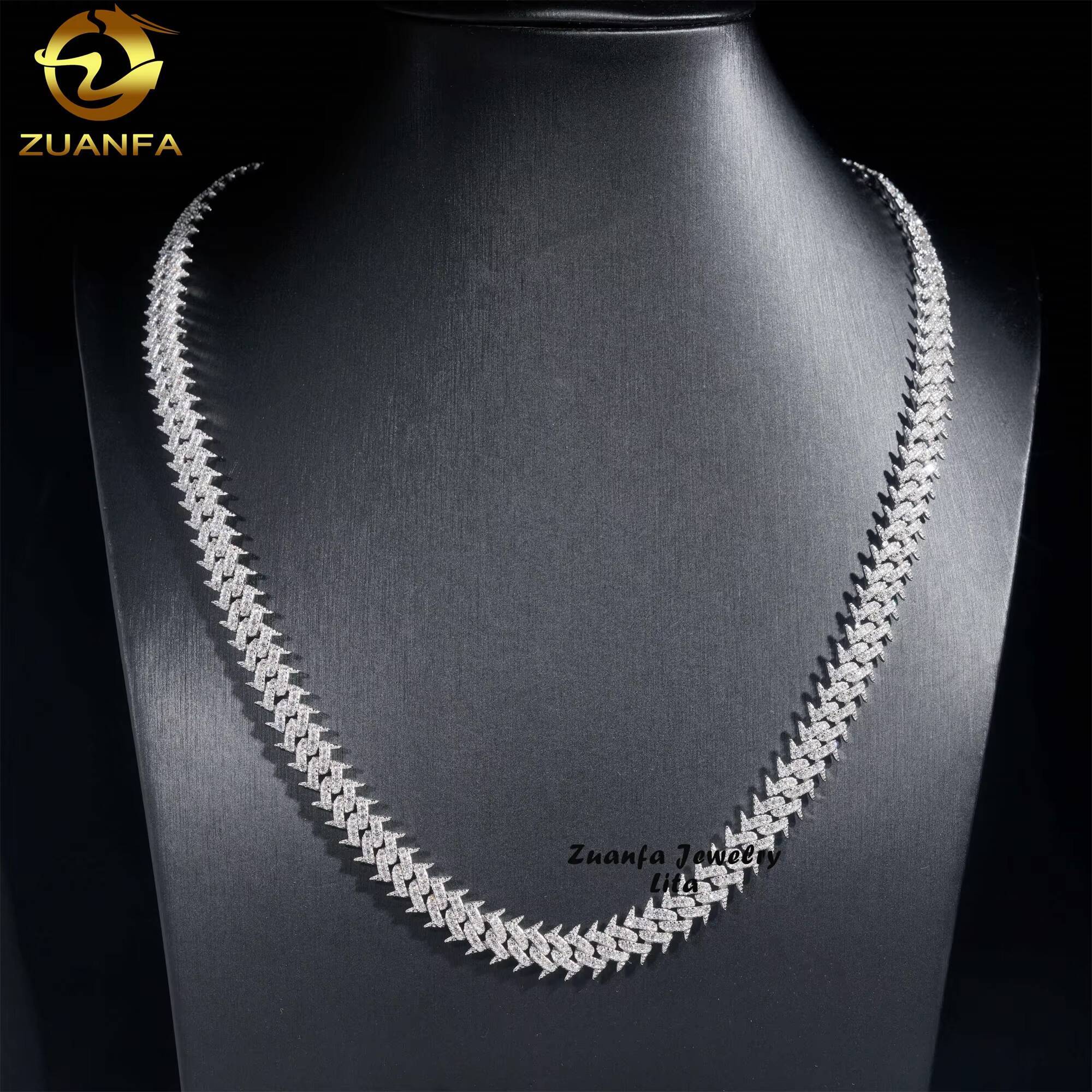 Hip Hop Jewelry Necklace Thorns Spike Design 16mm Silver Moissanite Diamond Cuban Link Chain