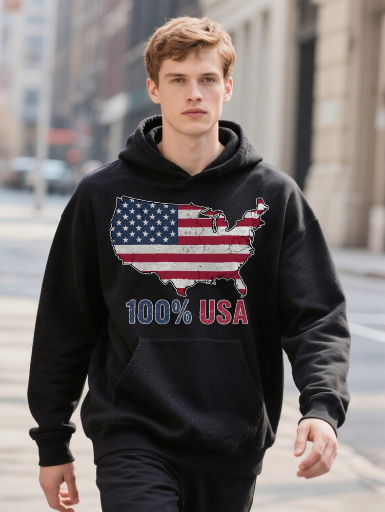 s Casual Crew with USA Map Print Patriotic Black ee hine Washable Ideal Gift Hoodie for Men