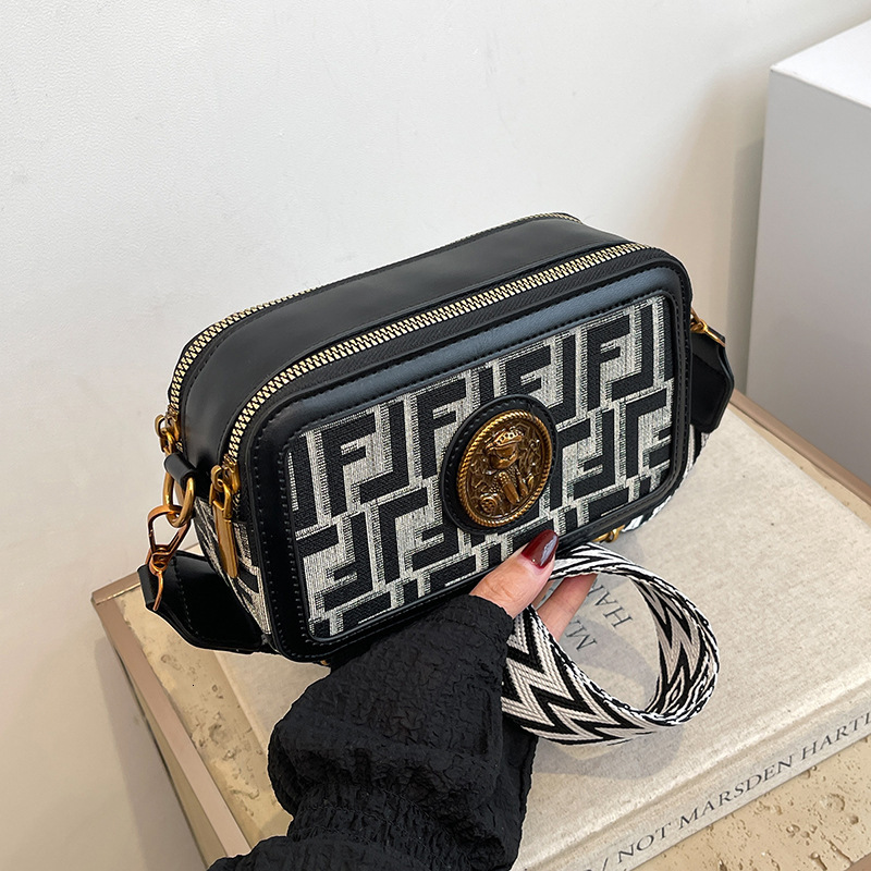 New Color Blocking Women's Printed Small Square Bag Mini Handbag Free Shipping Designer Fashion Wide Shoulder Strap Camera Bag Lightweight Should