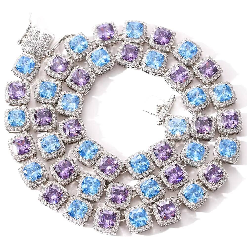 SGARIT Jewelry Colorful Real Vvs Moissanite Diamonds Blue Purple 10MM Cluster Tennis Chain Necklace in White Gold