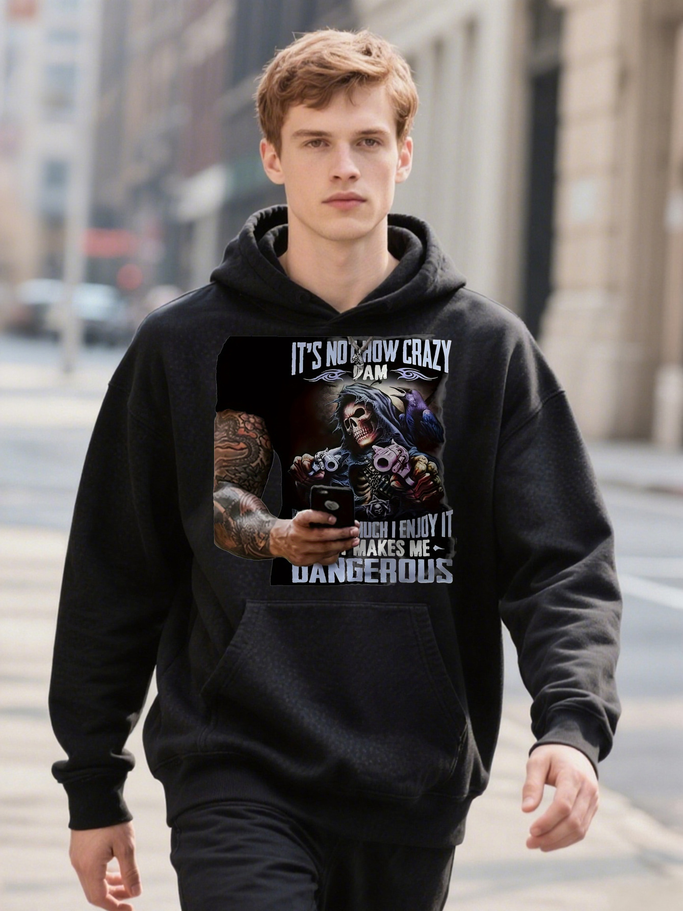 Men Fashion Black Hoodie With Digital Print NO HOW CRAZY I AM Skeleton Graphic S