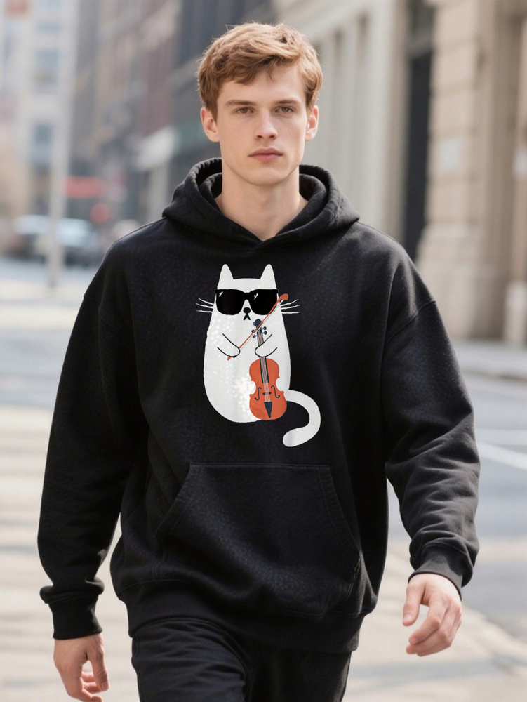 Hoodie Funny Cat Wearing Fashion Glasses Playing Violin Viola Musician Cotton Fun Design DIY Men's Soft Breathable