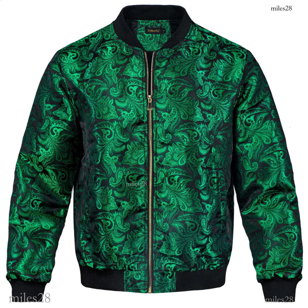 High Stree Green Zipper Jacket for Man Jacquard Pasiley Coat Fashion Woven Sport Streetwear Uniform Long Sleeves for Fall Winter 240729
