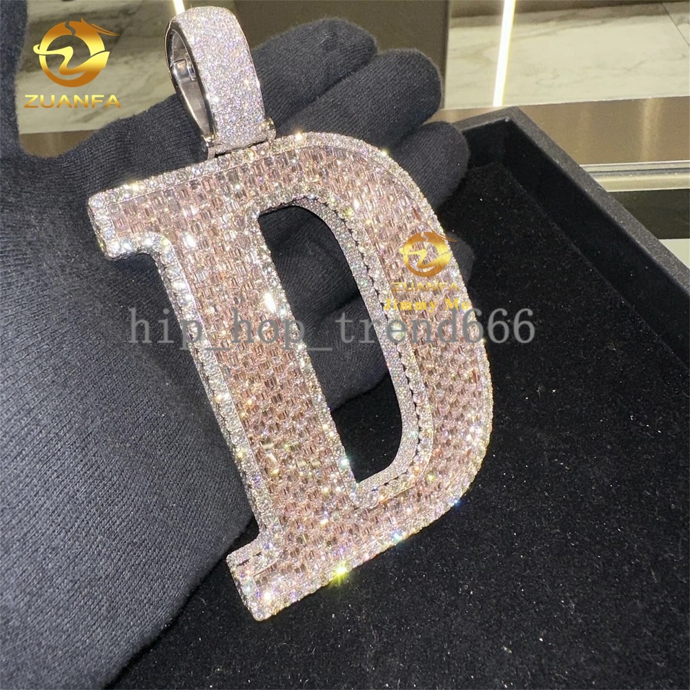 Customization Rapper Luxury Jewelry 925 Silver Iced Out Fully 3D VVS1 Baguette moissanite Diamond Hip Hop Initial D Letter Pendant Man