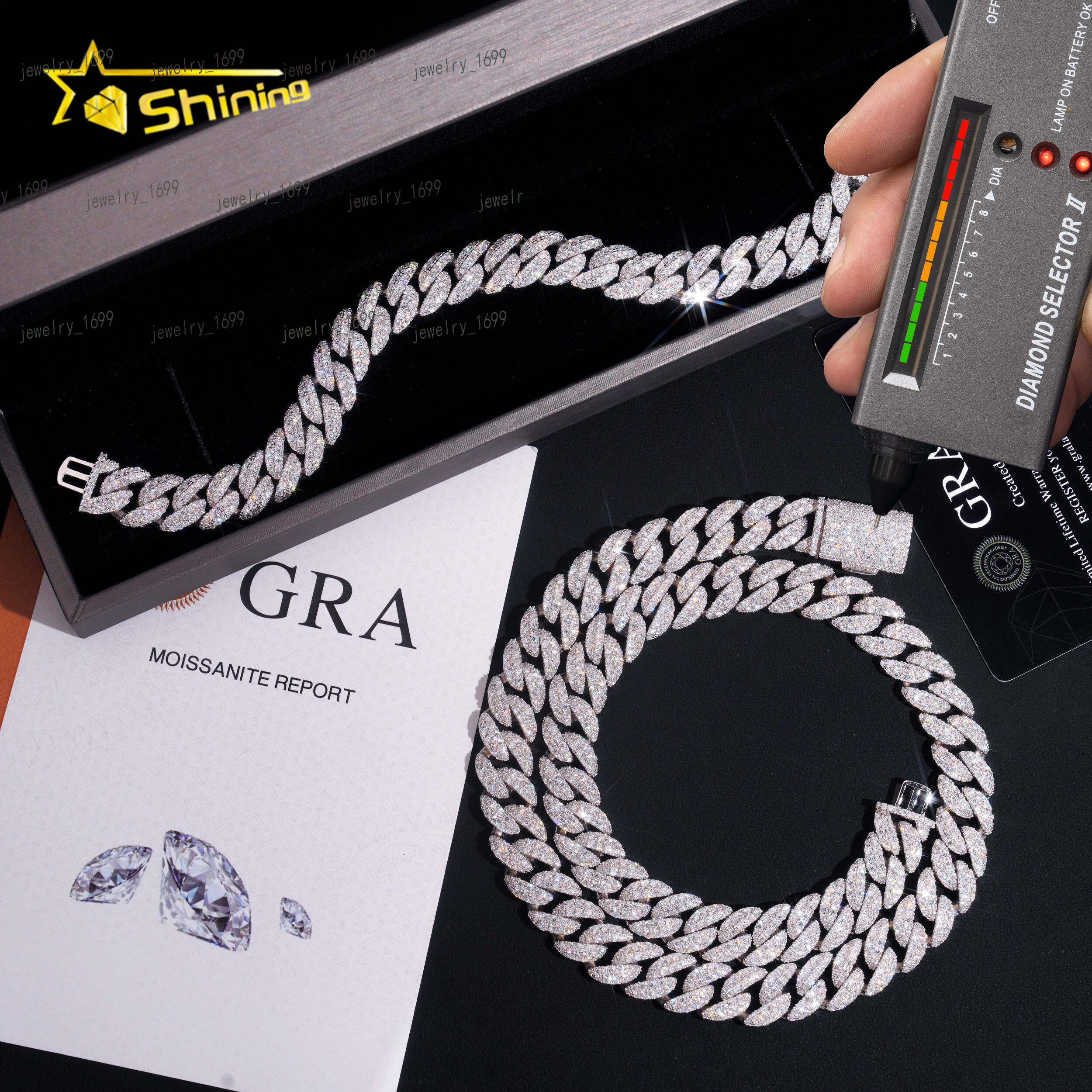 Promotion Sales Hip Hop Jewelry 12mm Width Moon Shape VVS Moissanite Cuban Link Chain 925 Sterling Silver Iced Out Men Necklace