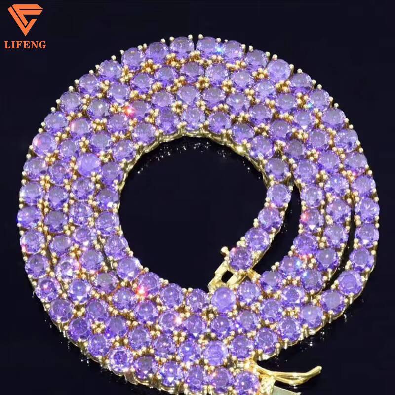 Lifeng Jewelry Specialized Custom 4mm Single Row Iced Out Purple VVS Moissanite 18k Gold Plated 925 Sterling Silver Tennis Chain