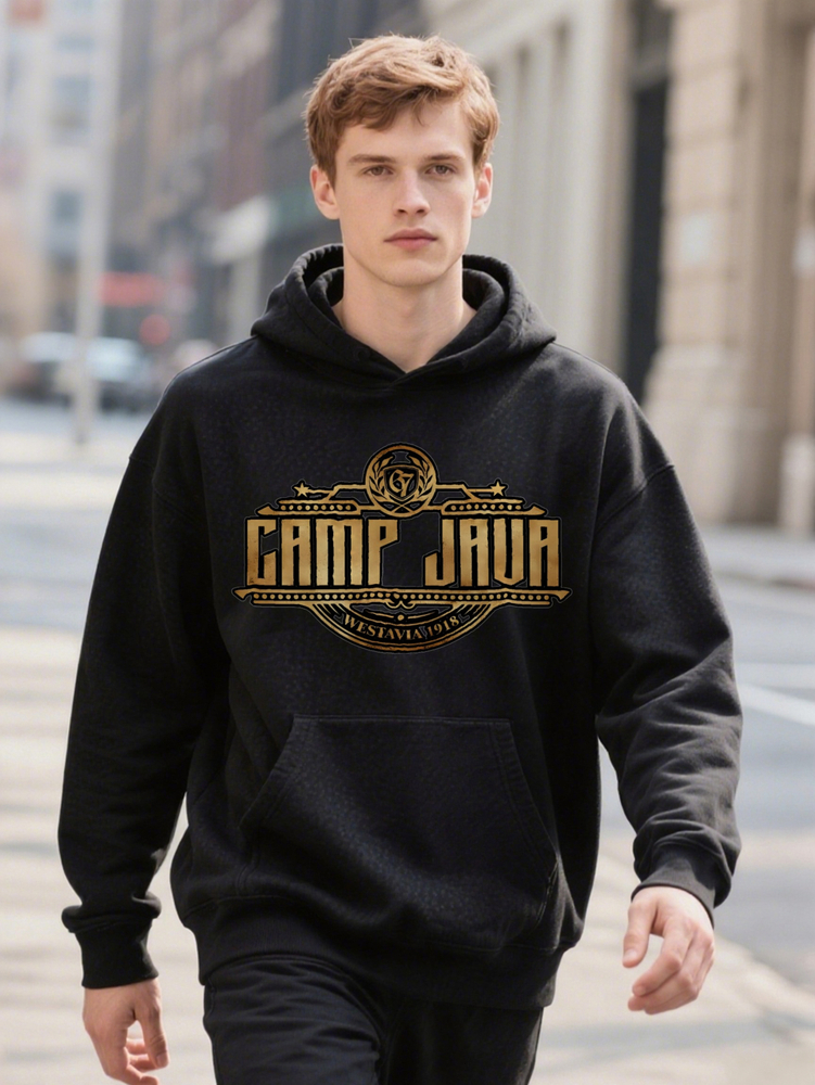 Men s Casual Hoodie with Vintage Camp Jura Graphic Print Black Golden Retro Design Breathable