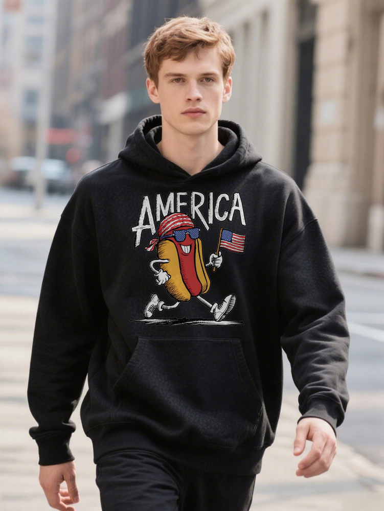 Men s Casual Crew with AMERICA Hot Dog Print hine Washable Hoodie Fashion op a5802 861ca