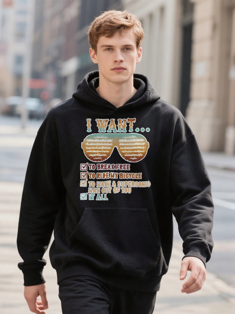 Casual Graphic I Want Retro Design Crew Hoodie Style Black With Bold Colorful