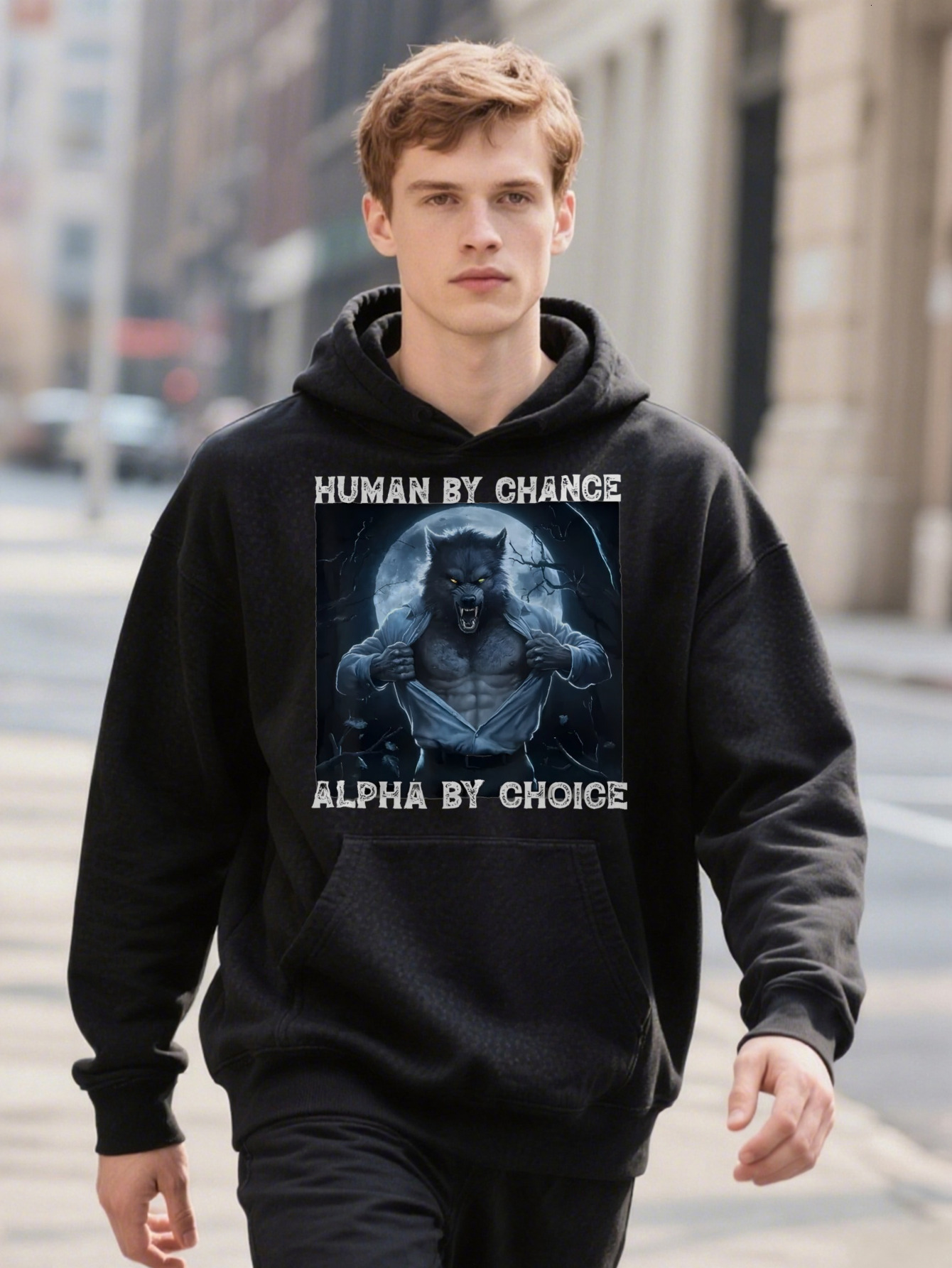 Dark Humor Vintage Graphic Human Chance Alpha By Choice Wolf Moon Design Casual Hoodie Ee