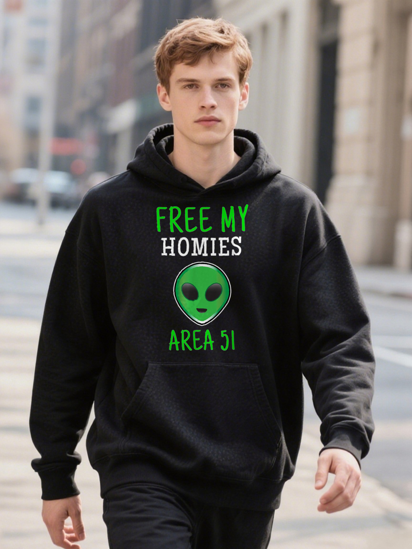Free My Homies Area Funny Hoodie Alien Black Cotton With Green Print Plus Size L XL Casual Design For Men By