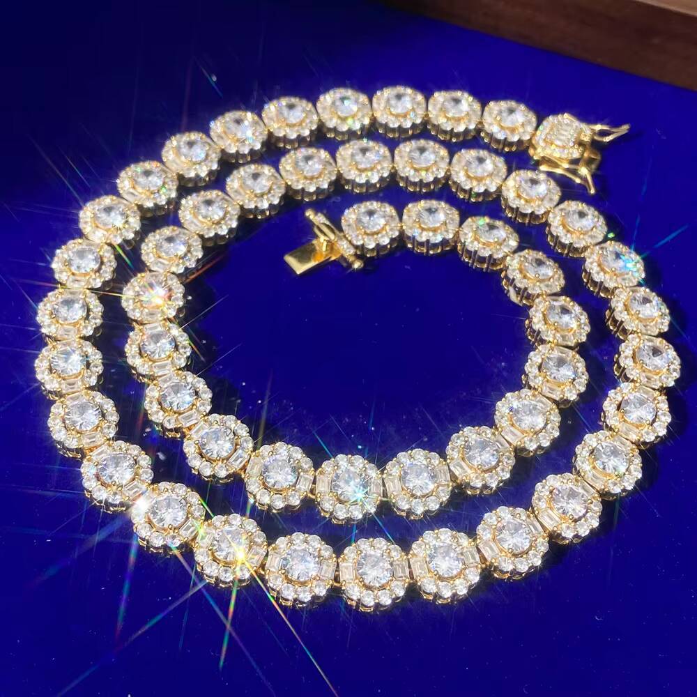 New Design Hip Hop Gold Plated 9.5mm Iced Out VVS Moissanite Diamond Round Shape Tennis Link Chain Necklace