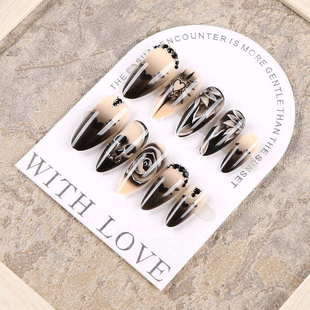 24Pcs Black Glossy Halloween Al Fake Gradient French Cool Press On Rose/Heart/Skull Acrylic Wearable False Nails X250816