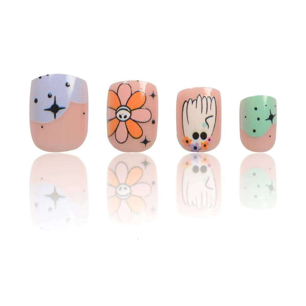 24Pcs Halloween-Themed Press-On Nails Set, Floral Festive Elements Design, Glossy Finish with Jelly Glue & Nail File Included X250816