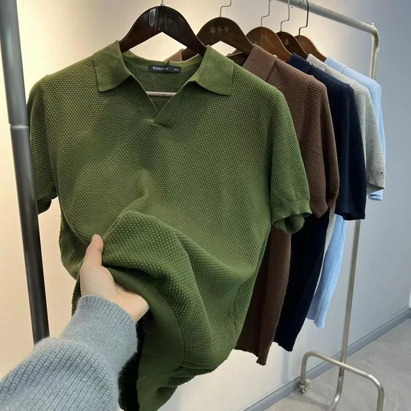 Men Polo Shirt Turn Down Breathable Top Collar Short Sleeves Solid Color Knit T 2025 Summer Casual Basis Knitting Tops 250808