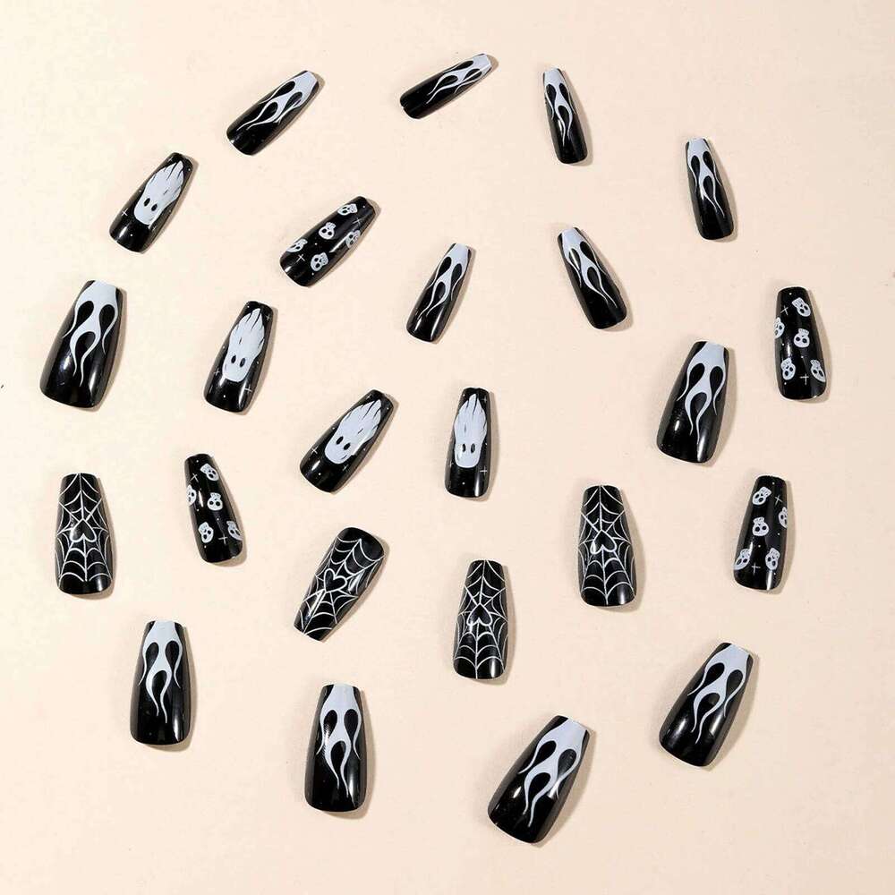 24pcs White Ghost Skull False For Halloween Glossy Mid-length Coffin Press On Nails Black Spider Web Heart Fake Nail X250816