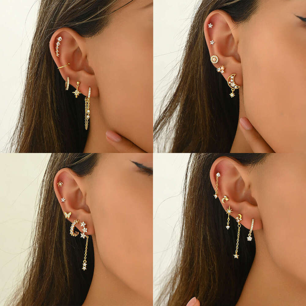 Ins Style Niche Design Inlaid with Zircon Star Versatile Ear Bone Stud Set Simple Earrings