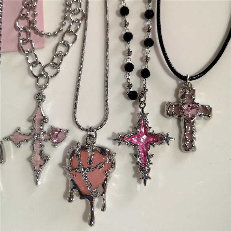 Gothic Y2K Pink Cross Heart Pendant Chain Choker Necklace for Women Egirl Hip Hop Punk Charms Aesthetic Jewelry EMO Accessories W250816