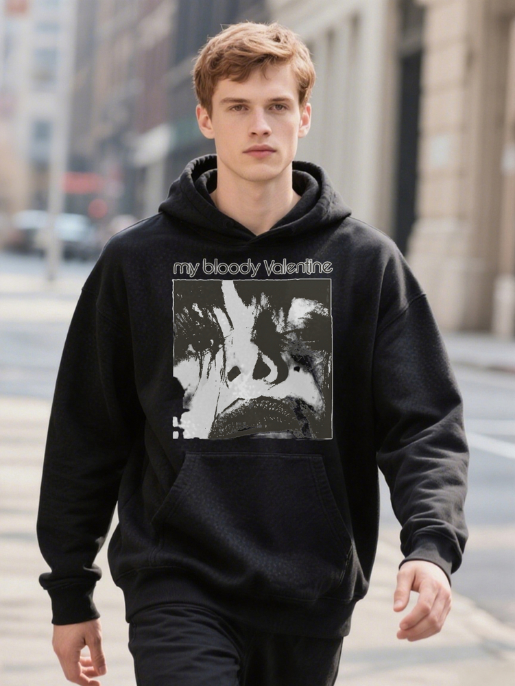 Men S Casual Black Hoodie with Distorted Face Print My Bloody Valentine Design Lightweight