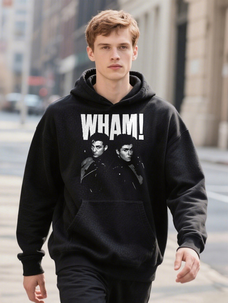 Graphic Print Plus Size Men's Soft Cotton Black With Bold WHAM Design Hoodie Musician