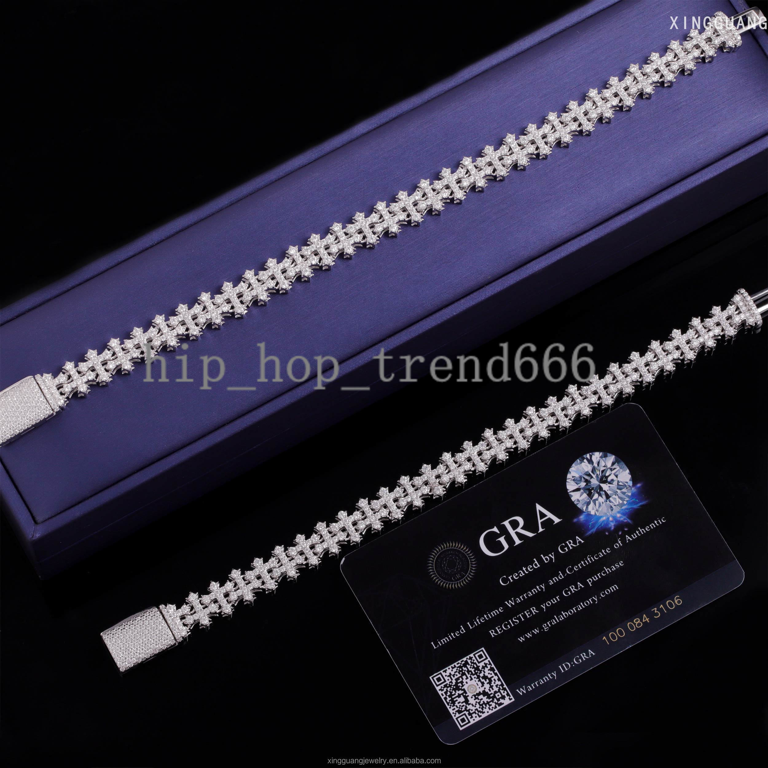 Fashion Best Selling Prong Setting 18k White Gold Plated Iced Out Jewelry Moissanite Diamond Hip Hop Cross Cuban Link Bracelet