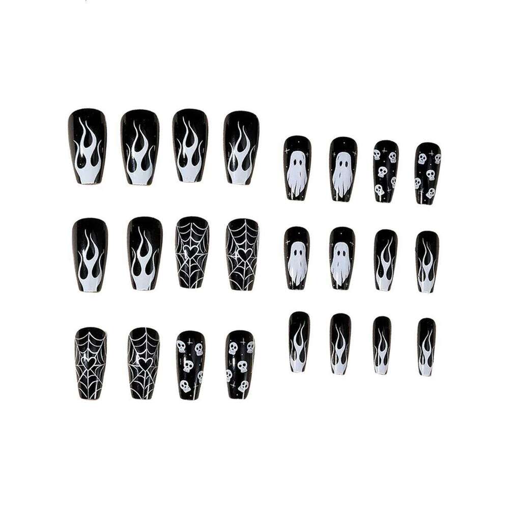 24pcs White Ghost Skull False For Halloween Glossy Mid-length Coffin Press On Nails Black Spider Web Heart Fake Nail X250816