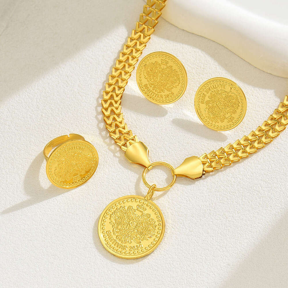 Fashion OL Round Tree of Life Pendant Necklace Earring Set Personality Electroplated Ring Versatile Jewelry