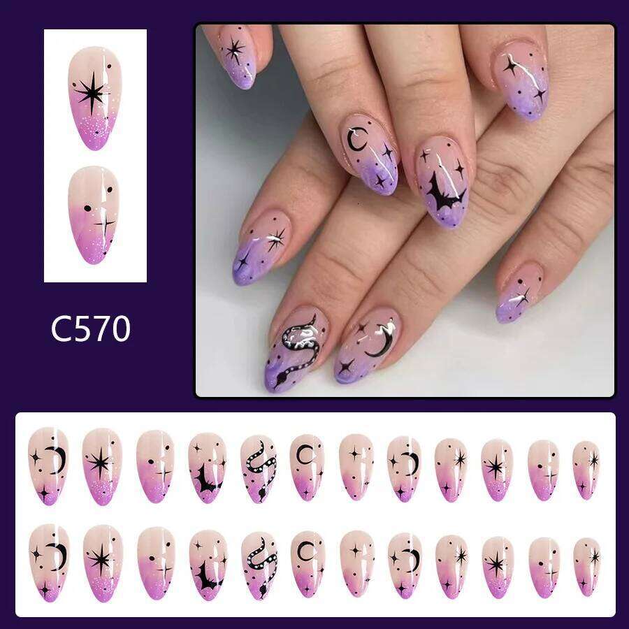 24Pcs/set Al Halloween Press on Black Bat Fake Nail Moon and Stars Pattern Removable Wearable Nails for Women&Girl X250816