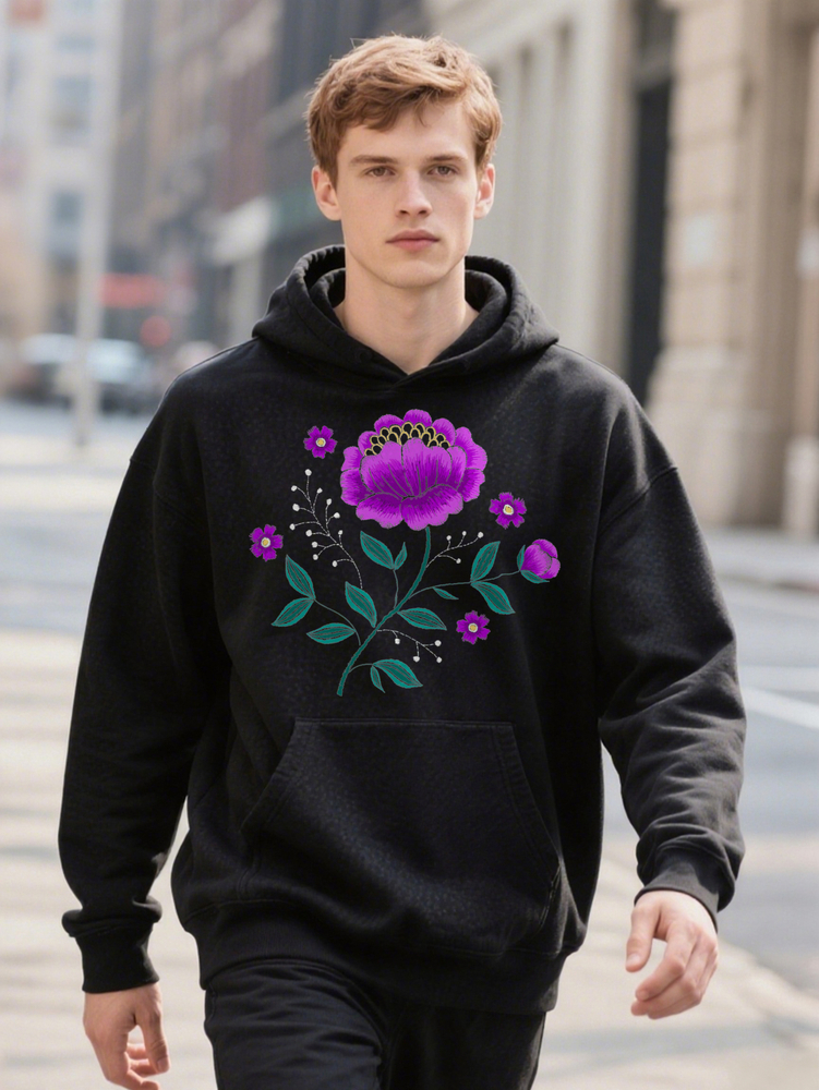 Men S Casual Hoodie With Vibrant Purple Floral Print Lightweight Gsm Regular Fit