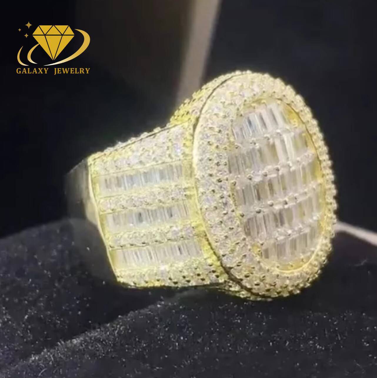 GRA Certificate S925 Gold Plated Moissanite Engagement Ring for Men Oval Shape Baguette VVS Diamond Moissanite Hip Hop Ring