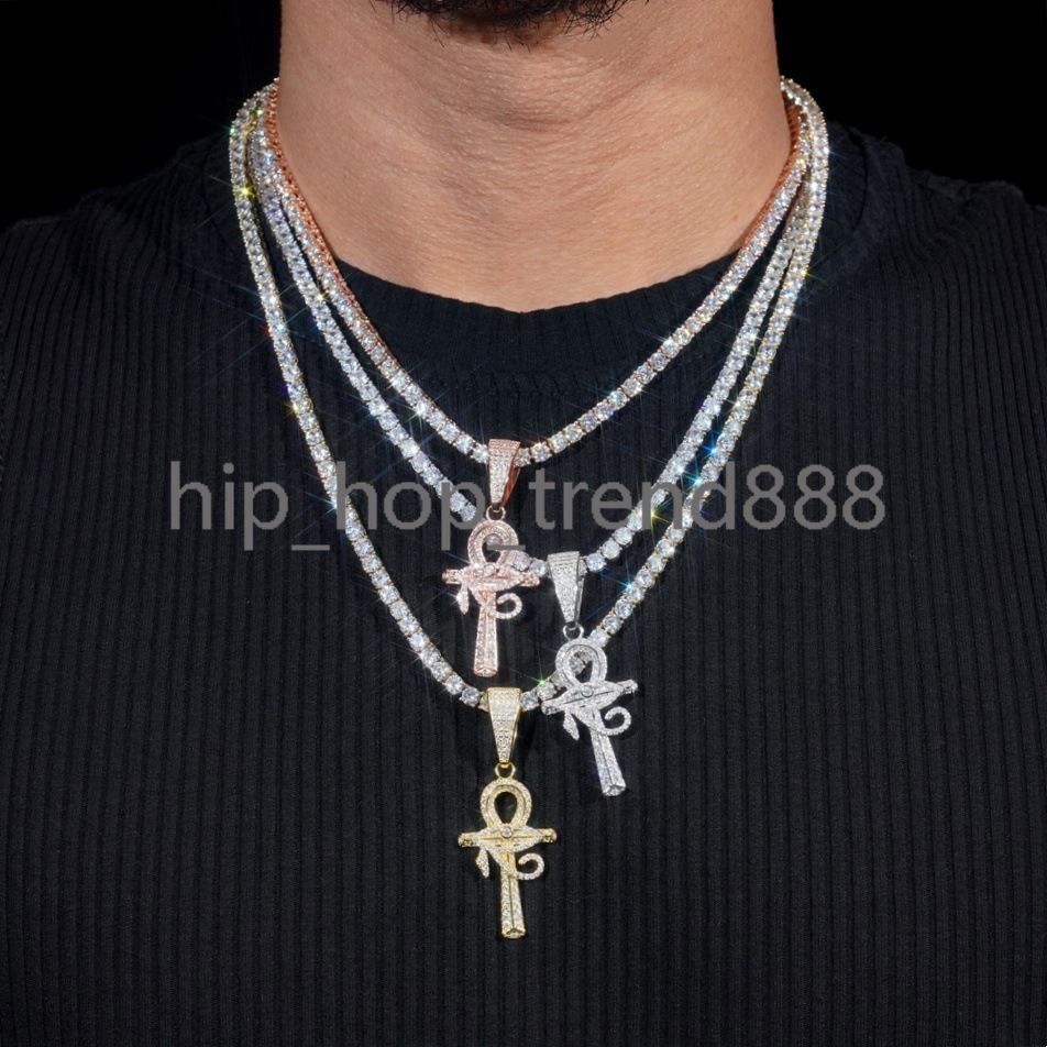 Custom 925 Sterling Silver Iced Cut Moissanite Ankh Cross Necklace Chain Hip-Hop Style Rapper Jewelry