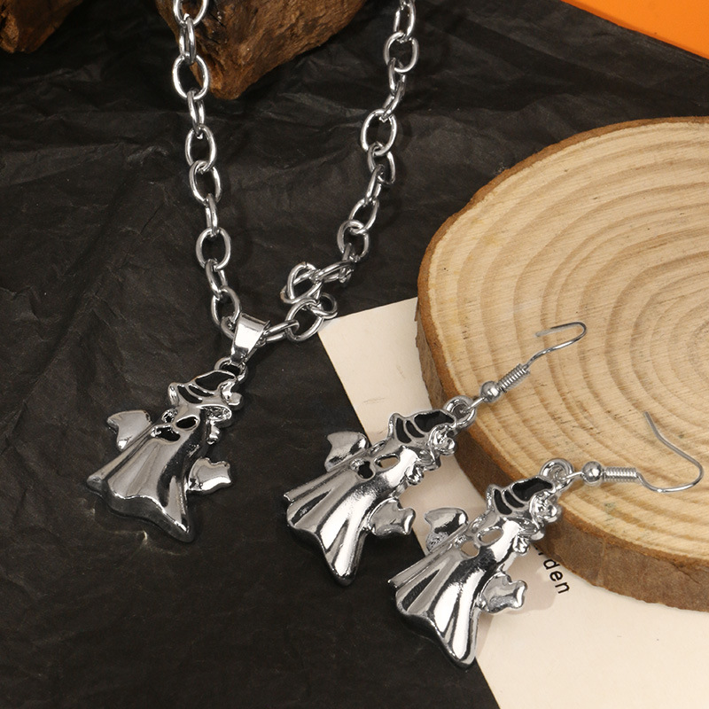 2025 Halloween Unique Creative Funky Ghost Pendant Necklace Niche Sweet Cool Earrings Set Trendy Women Festive Jewelry
