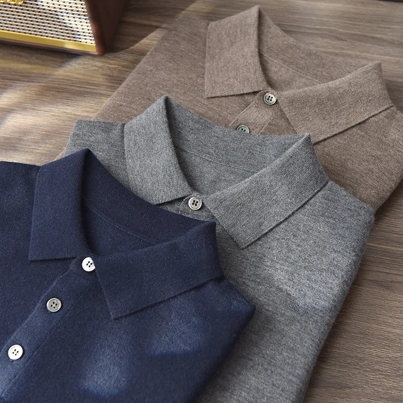 Summer Knitted Merino wool solid color mens polo shirt short sleeved light mature casual highquality Tshirt top 250808