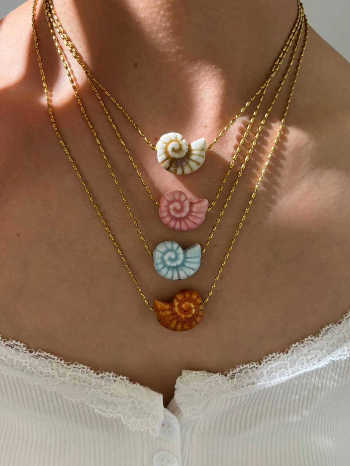 Perisbox New Cute Multicolour Ceramic Conch Pendant Necklace for Women Stainless Steel Chain Trendy Holiday Jewelry Gift Summer XJ250816