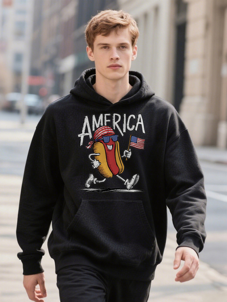Men S Casual Crew With Hoodie AMERICA Hot Dog Print Hine Washable Fashion Op 1d20c 18b05