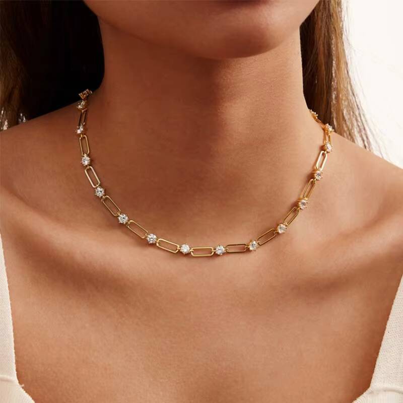 925 Sterling Silver Womens Necklace With Pass Diamond Tester Moissanite Paperclip Chain Layered for Girls