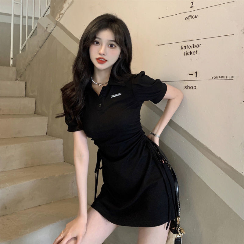 X418517 Summer new fashion solid color polo collar dress women's waist slim fit short sleeve skirt