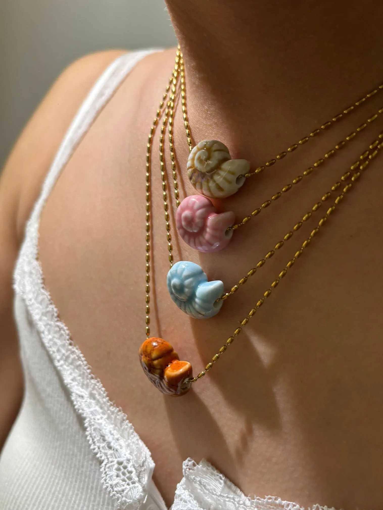 Perisbox New Cute Multicolour Ceramic Conch Pendant Necklace for Women Stainless Steel Chain Trendy Holiday Jewelry Gift Summer XJ250816