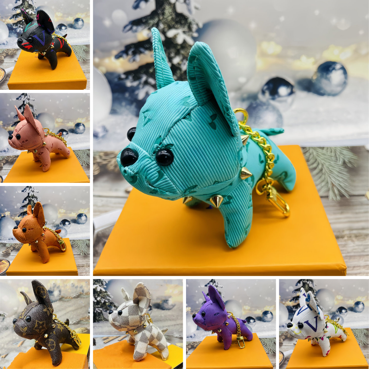 Brand designer letters Cartoon animal small dog creative chain accessories key ring PU leather letter pattern french bulldog bag pendant keychain wallet girl gifts