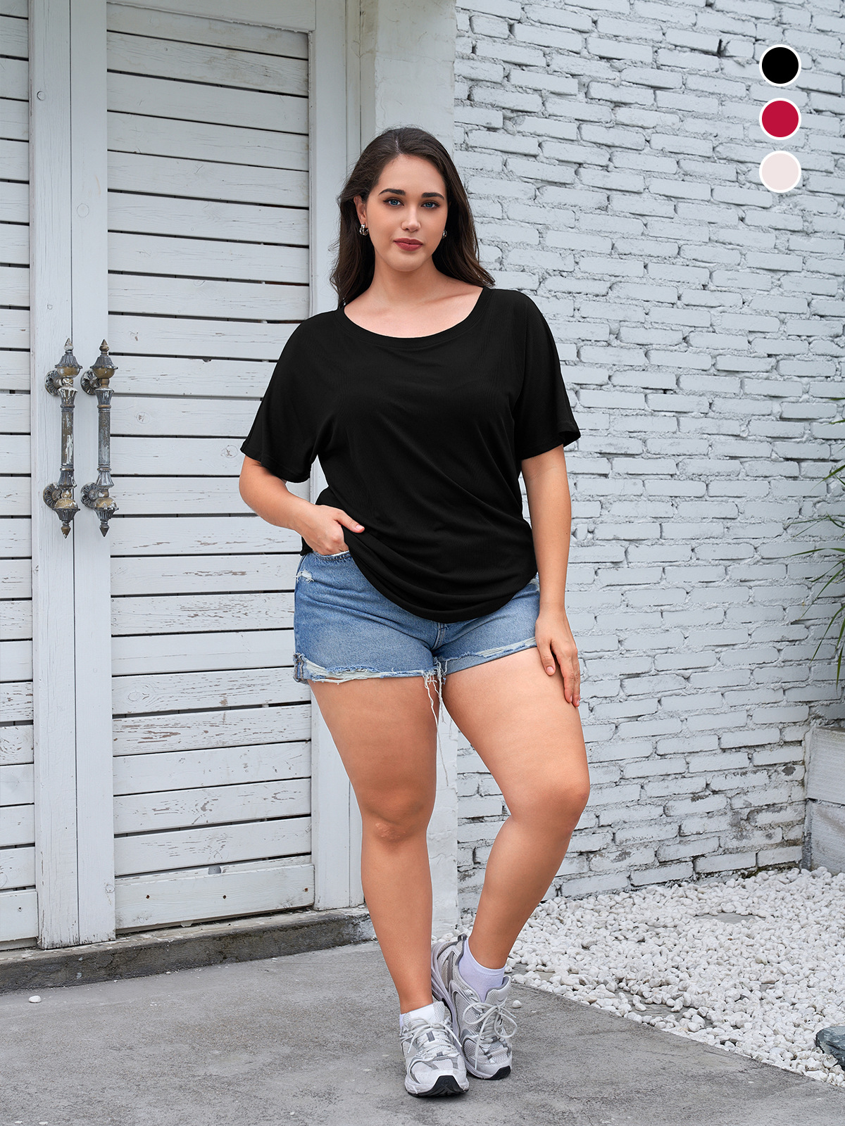 K2108 Plus size women's T-shirt short sleeve loose black slim comfortable thin drape round neck casual top solid color commuting