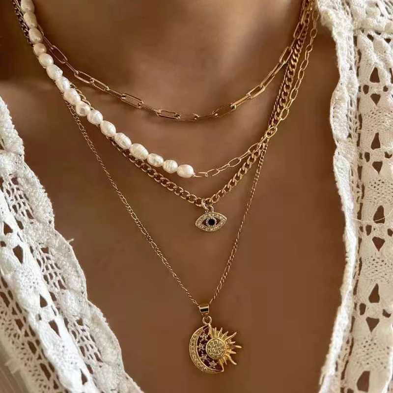 Classic Pendant Necklace for Women Micro Zircon Turkish Lucky Evil Eyes Palm Cross Pearl Multilayer Metal Chain Choker Jewelry W250816