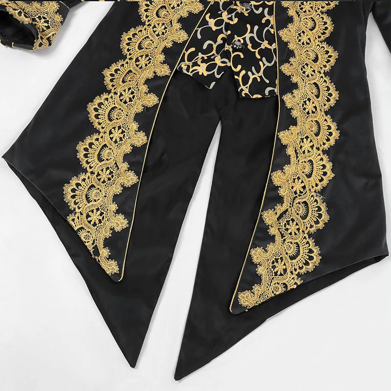 Halloween Lace Patchwork Tuxedo Medieval Mens Retro Long Jacket Punk Trench Coat Black Red Purple and Blue Are Available 250814