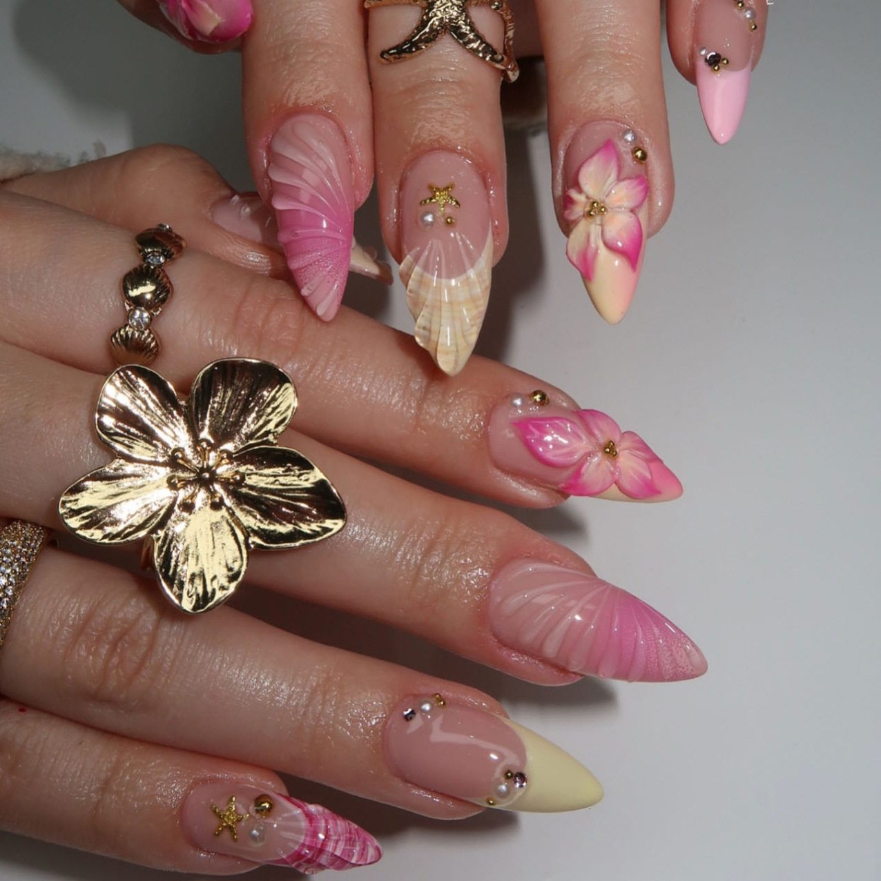 Fashionable Sweet Pink and Yellow French Flower 3D Resin Nail Tips Fake Nails Finished Product