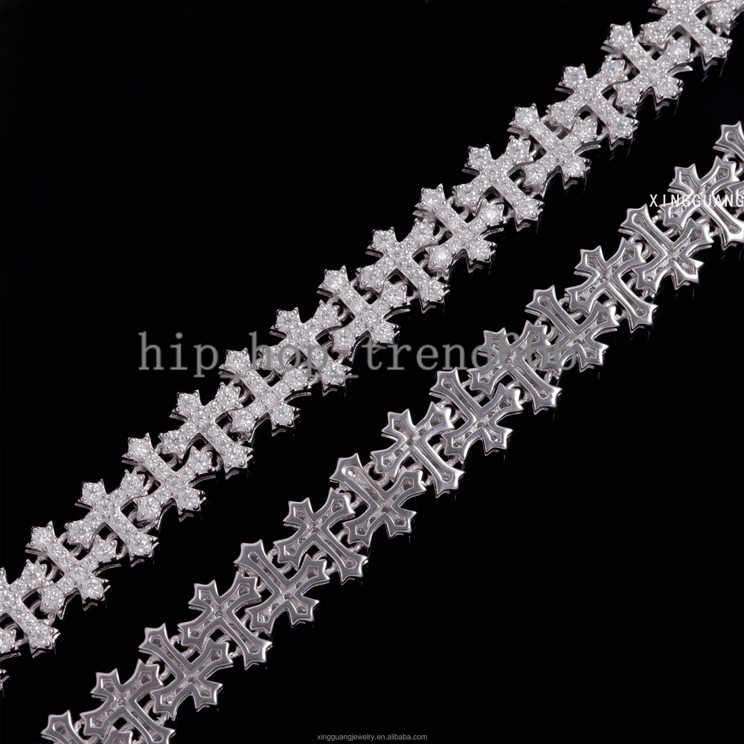 Fashion Best Selling Prong Setting 18k White Gold Plated Iced Out Jewelry Moissanite Diamond Hip Hop Cross Cuban Link Bracelet