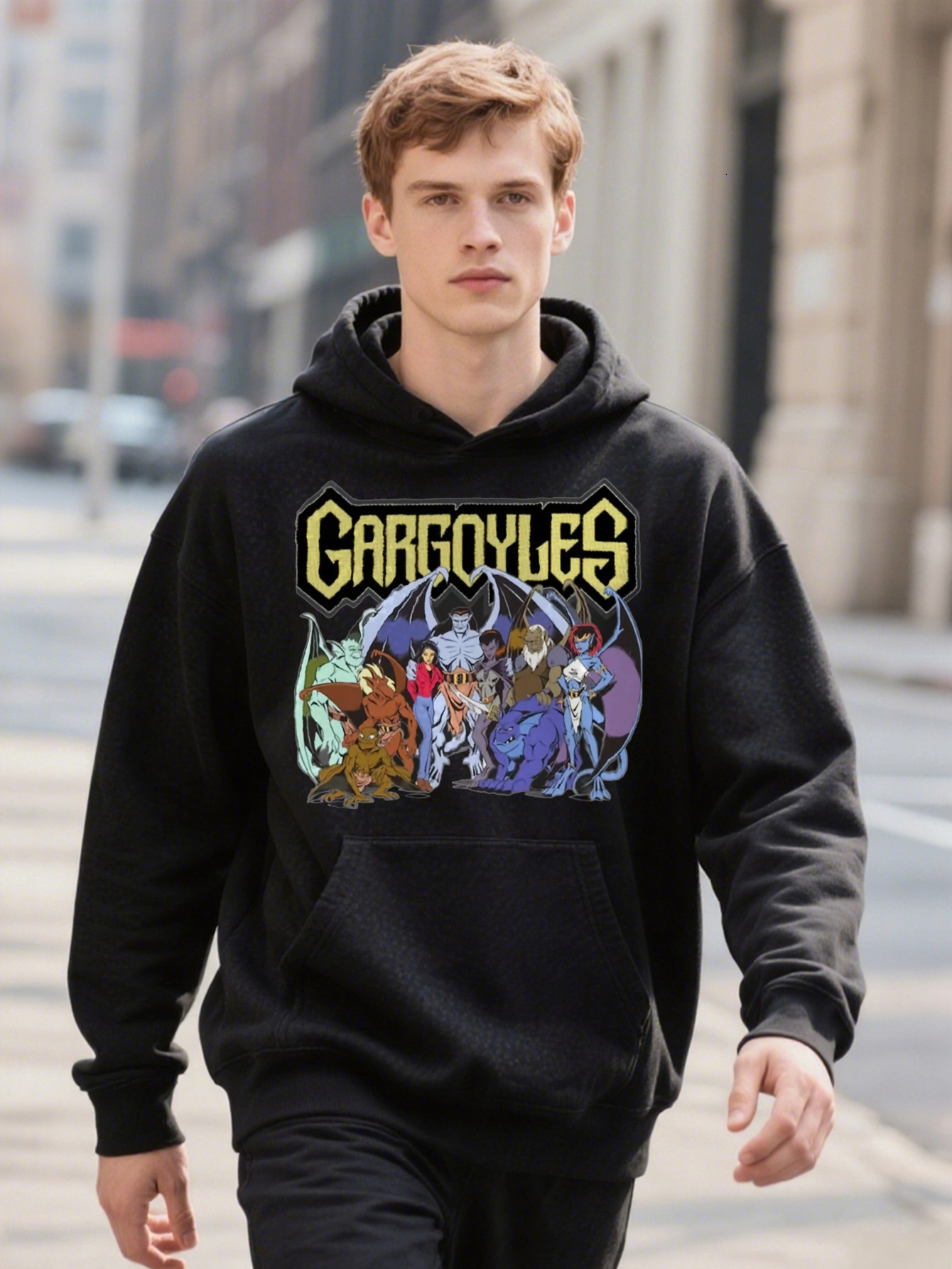 Cotton Vintage Men's Gargoyles Graphic Hoodie Black Regular Fit Retro Anime Design Washable