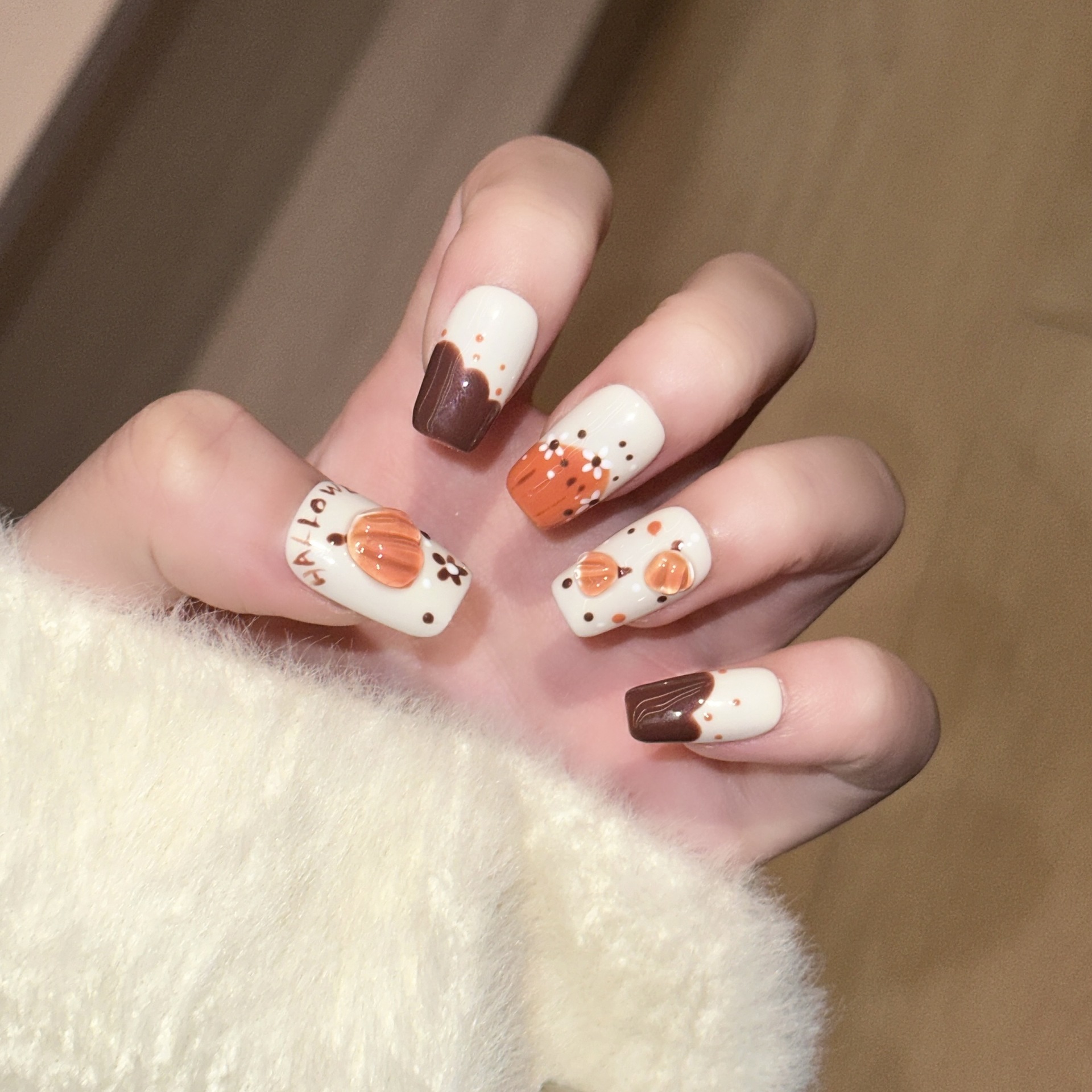 Halloween Cute 3D Crystal Pumpkin Press On Decor Handmade French False Short Ballerina Cartoon Fake Nails Wearable X250816