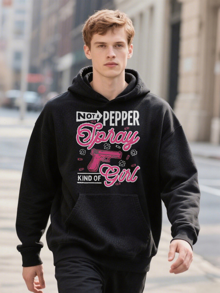 Casual Graphic Black with Pink NO A PEPPER SPRAY KIND OF GIRL Slogan Hoodie Handgun Print