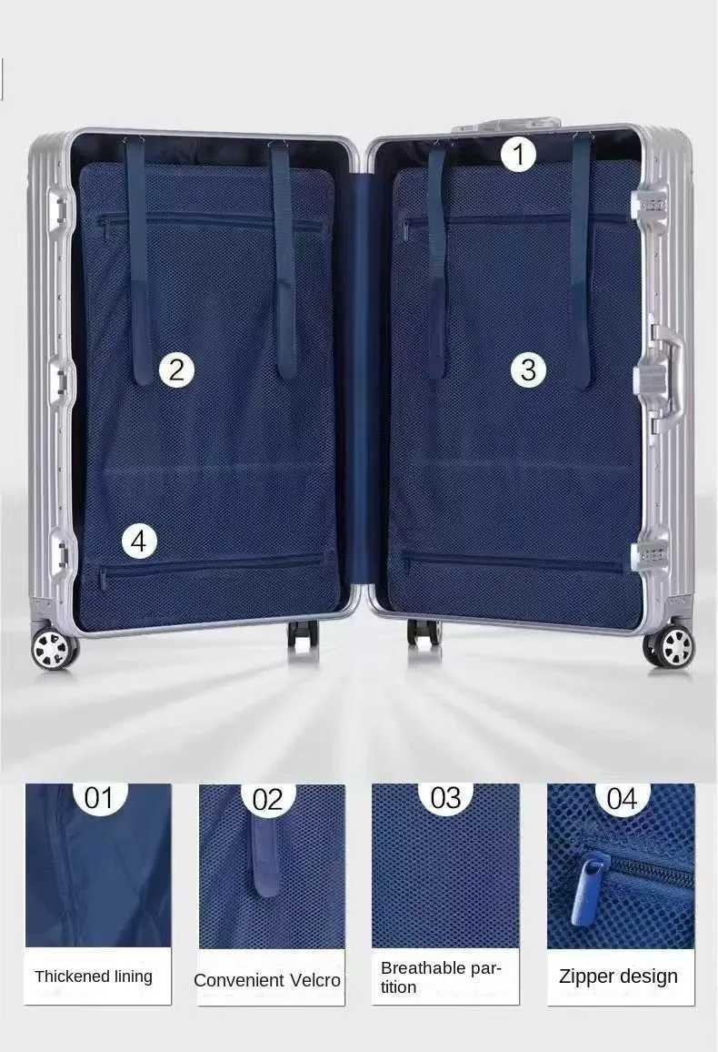 100% Aluminum Magnesium Alloy Suitcase Metal Rolling Luggage 20/28/30 inch Trolley Case Carry-on Cabin Suitcase Large Size L250815